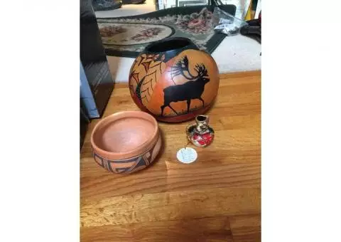 Painted Gourd, Indian Clay Pot & Small Indian Pitcher.